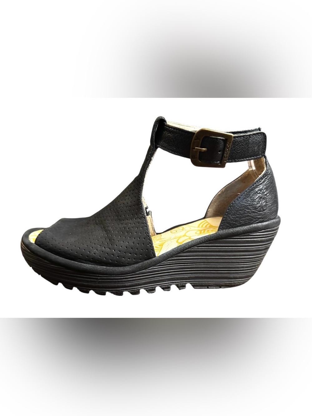 Like New Fly London sz 8.5 (39) Lemo Black Platform Wedge Sandals Ankle Strap